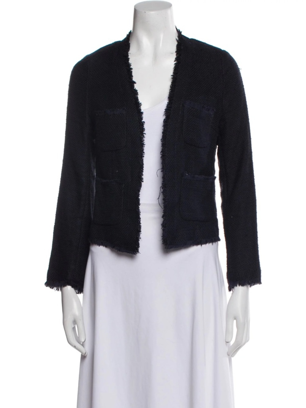 L’agance tweed frayed navy cotton short blazer